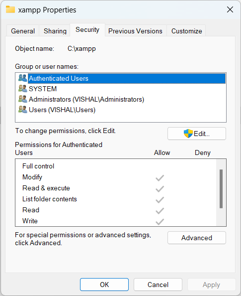 XAMPP Permission for User